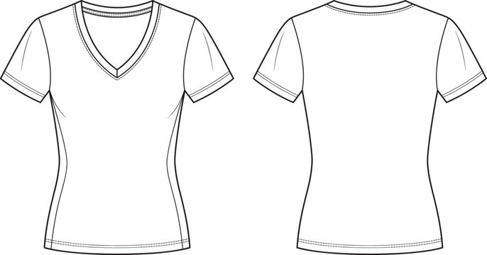 Fashion flat sketch of a women v-neck short sleeve t shirt apparel design vector