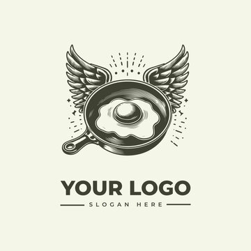 Vintage style illustration of a fried egg in a frying pan with wings logo design.