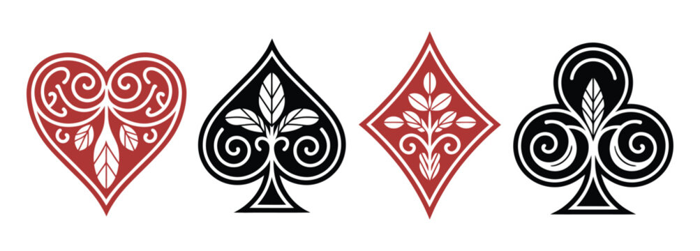 Ornate playing card suits vector set, luxury floral hearts, spades, diamonds, and clubs with decorative patterns for casino branding, poker games, gambling themes, premium card decks, and elegant grap