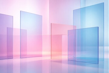 Fototapeta premium Colored glass panels arranged in reflective studio space