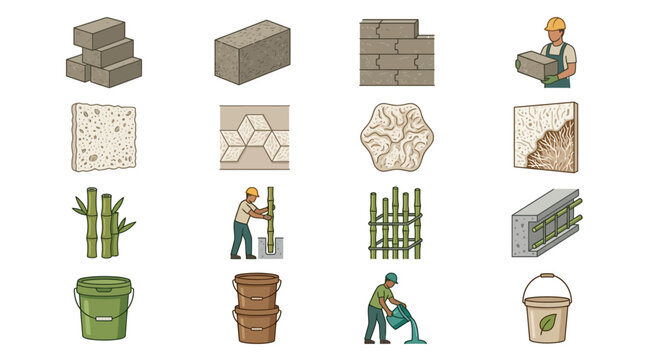 Construction Materials and Worker Icons Set.