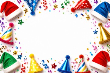 Obraz premium Colorful party hats and confetti framing white background