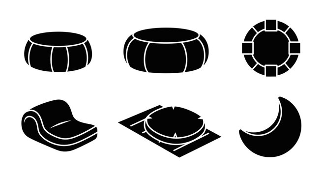 Minimalist circular and square bean bag ottoman furniture icons.