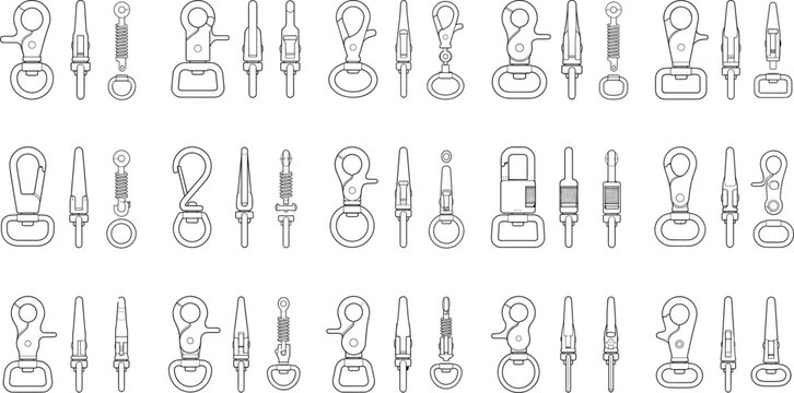 Set of various metal snap hooks, lobster clasps, and swivel triggers technical vector design sketches