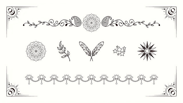 Black and white bohemian mandala and floral borders isolated on a transparent background