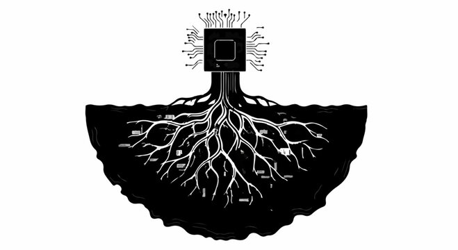 Digital roots connect to a central processing unit, symbolizing technological growth and innovation.