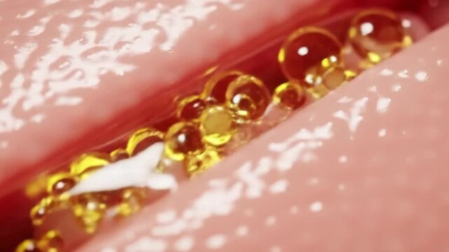 Close-up of human teeth with braces during dental cleaning. Orthodontic treatment bubbles foaming on metal brackets and wires.