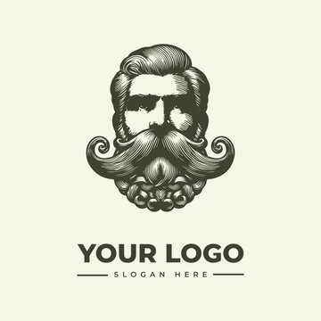 Vintage style gentleman portrait with a large curled mustache and beard for logo design.