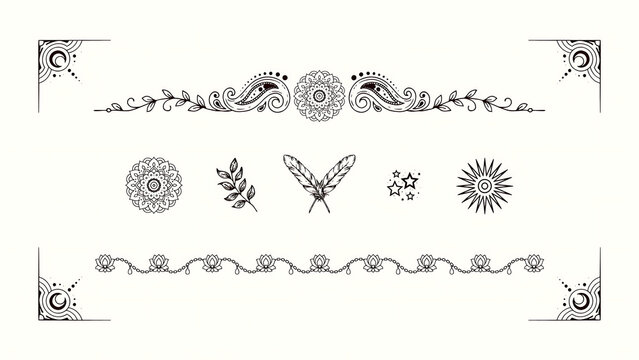 Black ink bohemian decorative with floral borders and feathers isolated on a transparent background