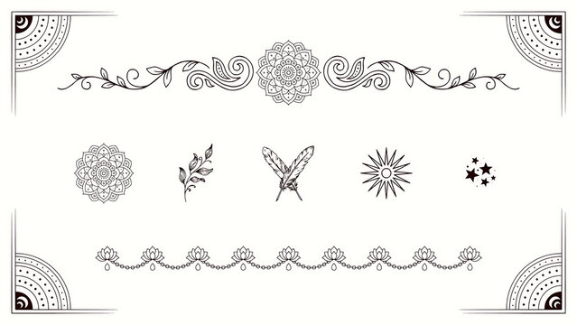 Black line bohemian with mandala and floral borders isolated on a transparent background