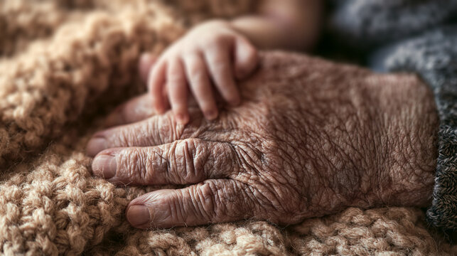  small newborn baby's hand resting gently on top of an elderly grandparent's weathered hand