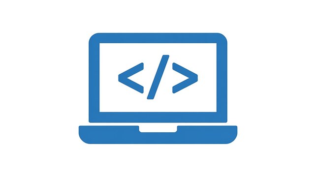 Blue laptop icon with coding symbol for software development
