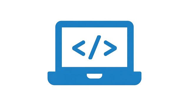 Blue laptop icon with coding symbols for software development