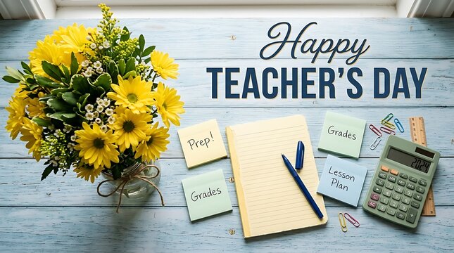 Happy teachers day classroom essentials with flowers and stationery