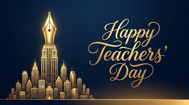 Happy teachers day golden pen city skyline celebration graphic