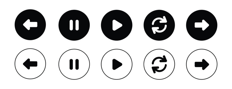 Media player control icon vector set, play, pause, stop, previous, next, and navigation symbols in black circular outline style isolated for video players, music apps, websites, UI, and multimedia int