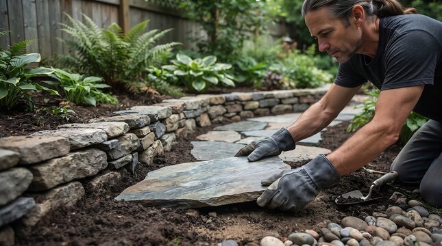 Man laying irregular flagstone for garden pathway