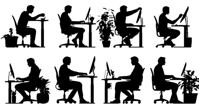 Ergonomic Posture Set, Office Worker Silhouettes, Correct Sitting Positions, Computer Desk Work, Health Awareness