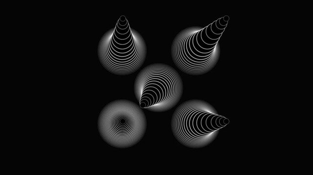 Abstract 3D animation of white geometric cones pulsing and expanding outward in a symmetrical pattern on a solid black background