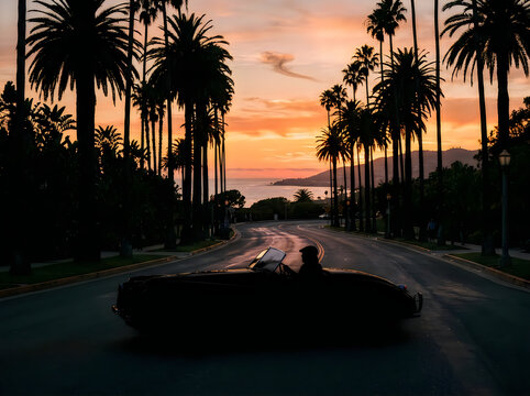 Convertible car driving on a coastal road through palm trees at golden sunset