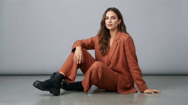 Stylish young woman with wavy brunette hair wearing an oversize terracotta suit and black boots.