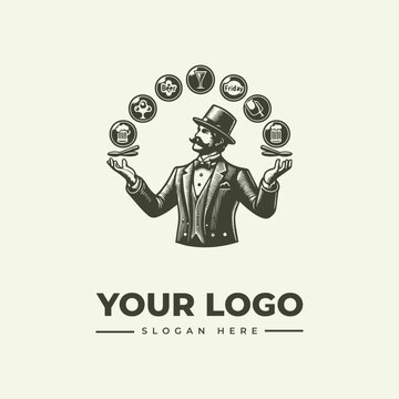 Vintage style logo featuring a dapper gentleman juggling various drinks and bar items.