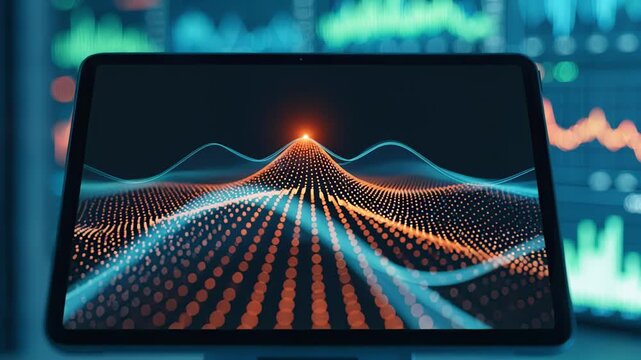 Medium shot of a digital tablet displaying a simulated equitiesonly portfolio backtest with sharp focus on the data chart and blurred background market graphs.