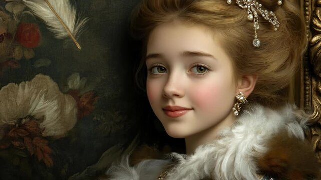 Young aristocratic maiden, green eyes, gentle smile. Adorned with pearls, jewels, fur, feather. Elegant 1800s historical fashion. Regal bearing, serene expression.