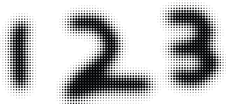 Halftone numeric sequence featuring numbers one two and three displayed through a gradient dot pattern for graphic design and digital printing projects to enhance visual texture and creative