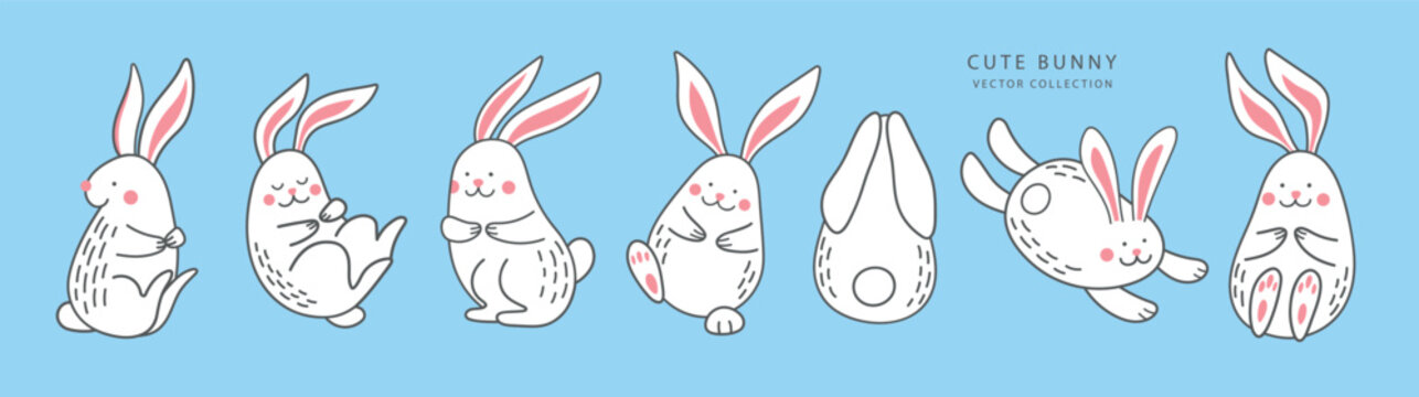 Set of cute white rabbits in various funny poses isolated on blue background. Vector illustration in minimalistic outline doodle style