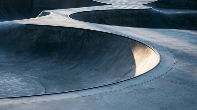 Curving concrete waves of a skatepark at golden hour