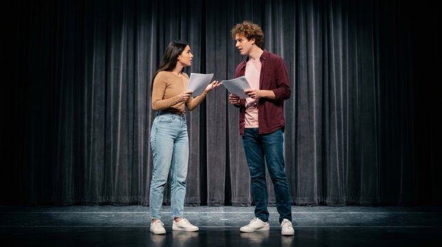 A man and woman review papers together during theater rehearsals on stage.