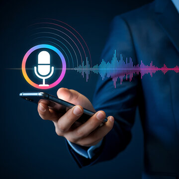 Voice Assistant on Smartphone: A businessman in a suit holds a smartphone with a voice assistant interface displayed, showing sound waves and a microphone icon.