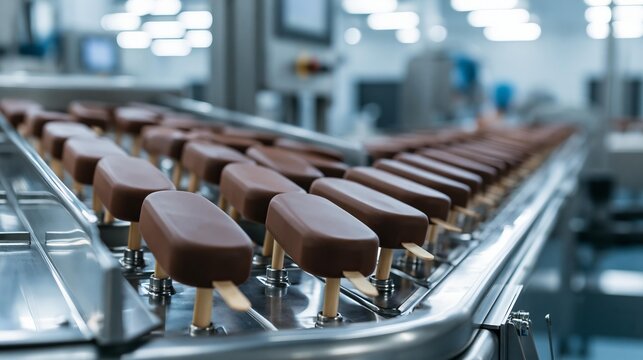 Chocolate-covered ice cream bars on a conveyor belt in a factory
