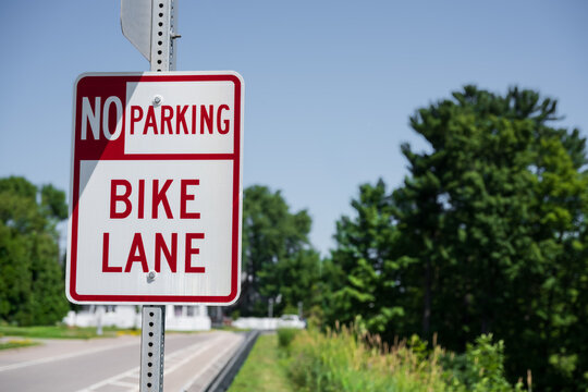 No Parking Bike Lane Traffic Sign on Public Roadside. Transportation and Bicycle Friendly Infrastructure Concepts