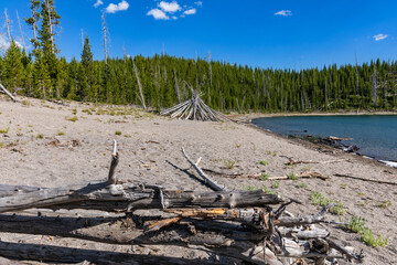 Wooden Driftwood Tipi Shelter on the Sandy Beach at Duck Lake, Yellowstone National Park, Wyoming, USA © Katrin