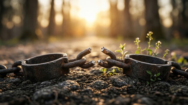 Broken rusty metal shackle lying on dirty ground, demonstrating liberation from slave captivity, historic human slavery abolition symbol, open steel chain link at forest sunset.