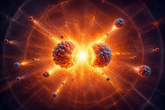 Atomic nuclei colliding releasing energy in fusion reaction