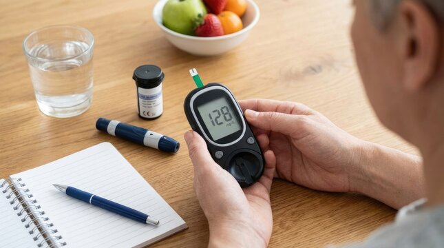 Diabetic person monitoring: blood sugar, glucose level, health care, daily routine, medical device, patient control, wellness concept, self management, chronic condition, lifestyle habit.