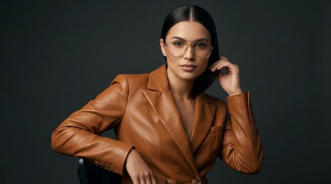 A stylish young woman wearing a chic leather coat poses confidently in a modern studio setting.