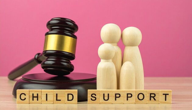 "CHILD SUPPORT" Wooden Letter Blocks with Judge's Gavel and Family Peg Figures on Pink Background