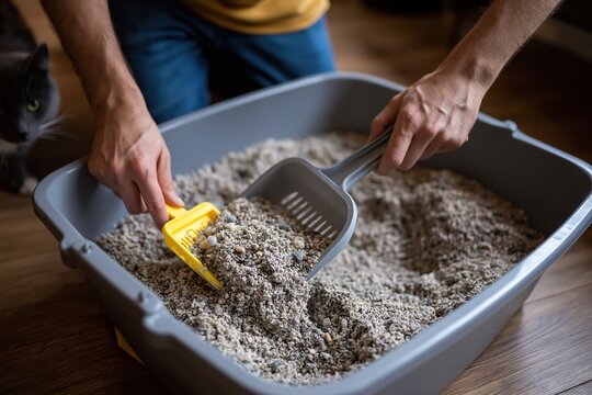 Person Using Scoop to Clean Cat Litter Box