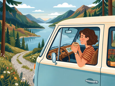 Woman drinking coffee while traveling in van through scenic mountain landscape