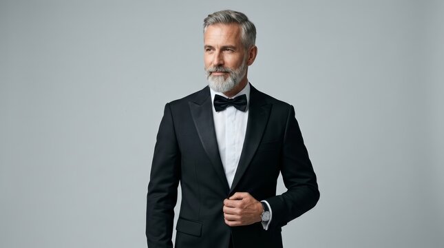 A confident bearded man wearing an elegant black tuxedo in a stylish studio setting.