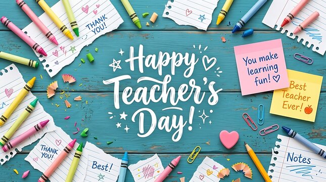 Happy teachers day festive school supplies appreciation notes on blue wood