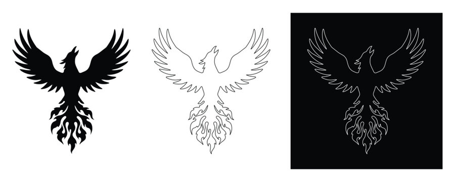 Phoenix Bird Rising with Flame Tail Silhouette Vector Illustration