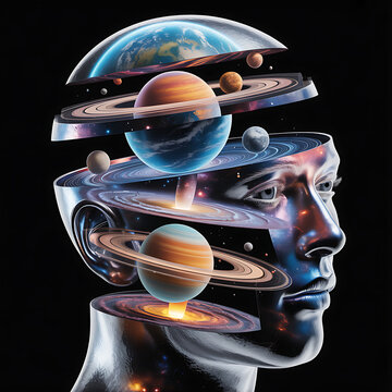 Cosmic Mind Unveiled: A surreal depiction of a human head filled with planets, galaxies, and cosmic phenomena, symbolizing the vastness of the universe within human consciousness.