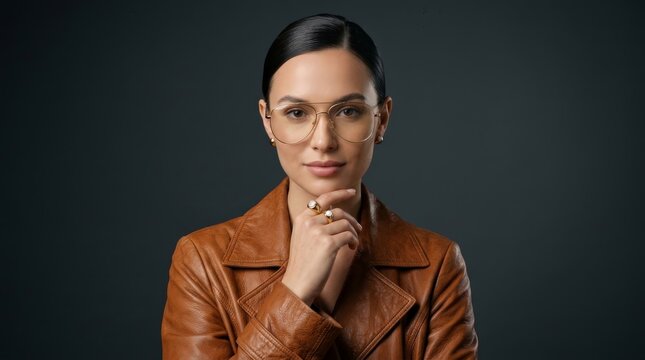 Elegant woman wearing a leather coat and stylish glasses in a studio setting.