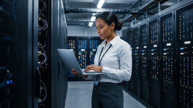 An IT specialist in a white shirt works diligently with a laptop in a busy server room.