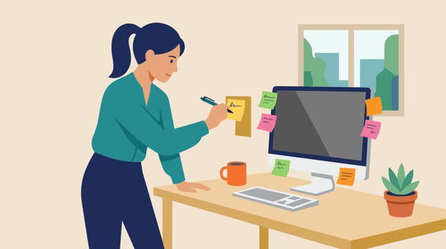 Woman writing on sticky notes at her desk with computer and plant